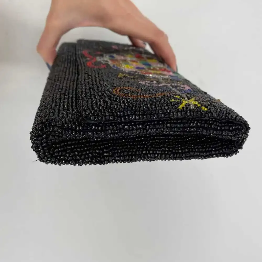 Black and Multicolor Beaded Heart Clutch | Stylish Accessory for Women